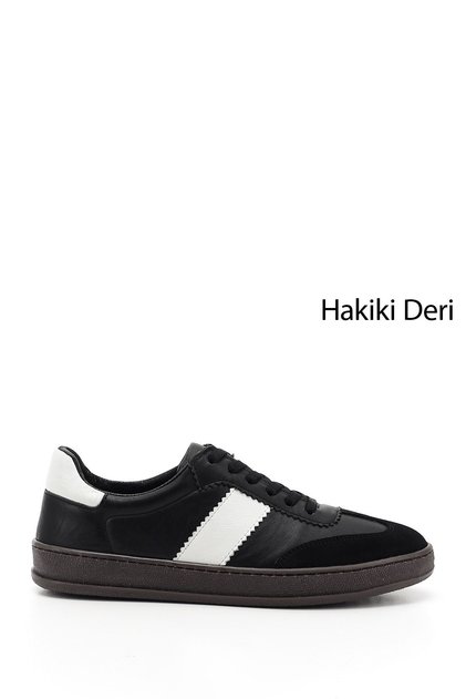 Women's Black and White Lace-Up Genuine Leather Sneaker