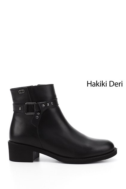 Women's Black Zippered Thick Heeled Genuine Leather Boots