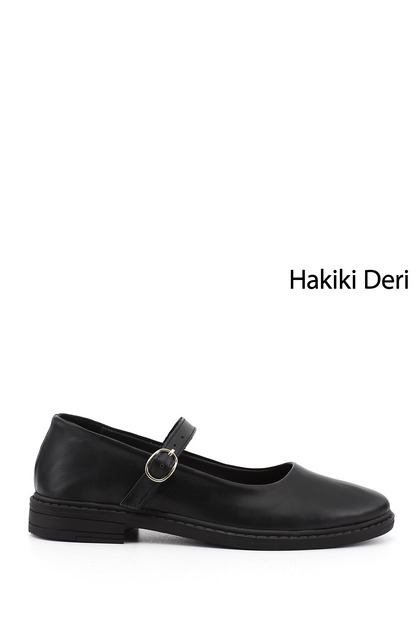 Women's Black Short Thick Heeled Mary Jane Genuine Leather Ballerinas
