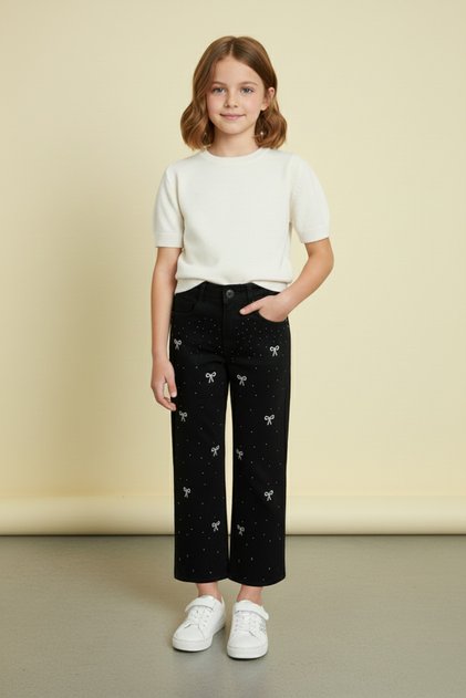 Adjustable Waist Embroidered Stone Decorated Girl's Belt Palazzo Pants
