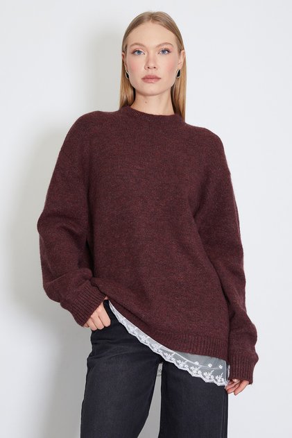 Ruffled Skirt, Crew Neck, Loose Knit Sweater