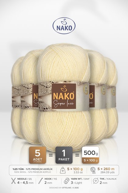 Super Pearl • Cream (256) • 5-Pack × 100 Gr / 260 m • Wool Blended Hand Knitting Yarn • Scarf, Vest, Sweater
