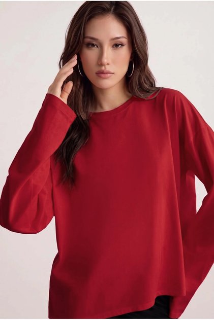 Women's red t-shirt wide sleeve crew neck long sleeve t-shirt