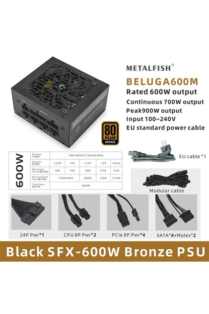 EU Plug 600W METALFISH SFX 80Plus Bronze 500/600W PSU Black Power Supply Full-Modular For Mini ITX C