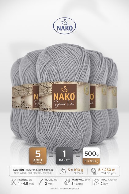Super Pearl • Gray (11538) • 5-Pack × 100 Gr / 260 m • Wool Blended Hand Knitting Yarn • Scarf, Vest, Sweater