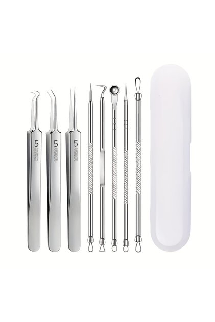 Silvery 8 pcs 8-Piece Blackhead Remover Kit – Stainless Steel Blemish & Acne Extraction Tools – Prof