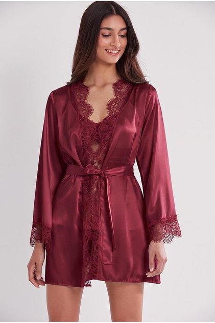 Satin Lace 3-Piece Women's Dressing Gown Set 2490 Claret Red