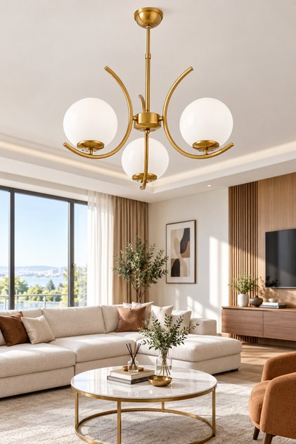 3'LÜ BEYAZ GLOB CAMLI ESKİTME MODERN SARKIT AVİZE OTURMA ODASI SALON