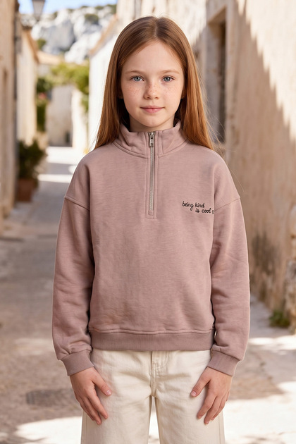 3 Thread Half-Zipper High Collar Girls' Sweatshirt