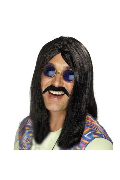 Retro Gösteri Düz Siyah Renk Uzun Rock Peruğu ve Bıyığı Çocuk Boy 60 Cm