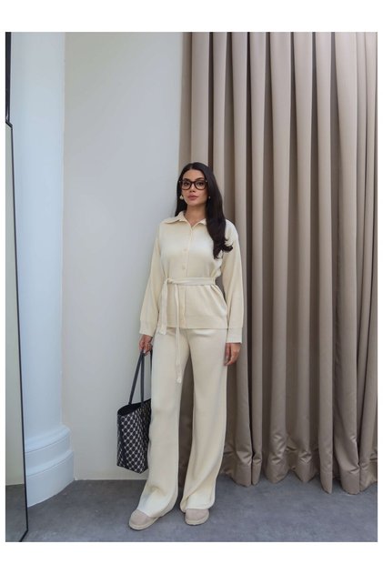 Belted Knitwear Cardigan Trouser Set