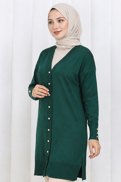 Buttoned Long Mercerized Cardigan N3176 Emerald Green