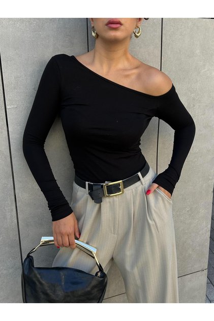 Women's Black Boat Neck Cotton Fabric Blouse