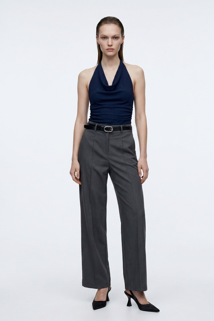 Slim Belt Draped Fabric Trousers