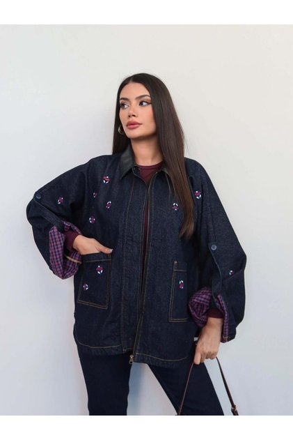 Leather Collar Embroidered Denim Jacket