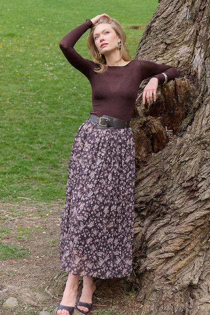 Floral Patterned Maxi Length Chiffon Skirt with Belt