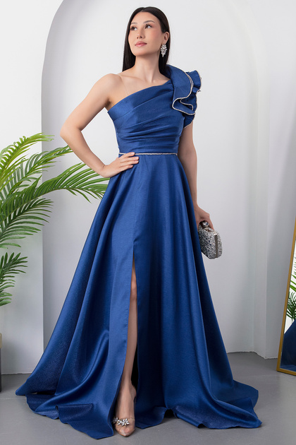 One Shoulder Chest Gathered Slit Evening Dress Ecr5579