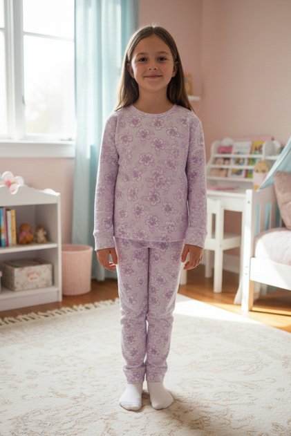 Floral Pattern Crew Neck Fleece Girls Pajama Set