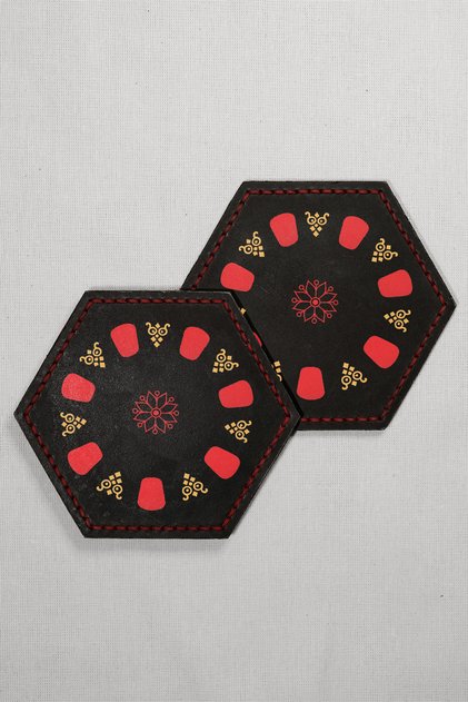 Set of 2 Leather Coasters - Genuine Vegetable Leather - Traditional Tea Coaster Printed - Handmade Coaster