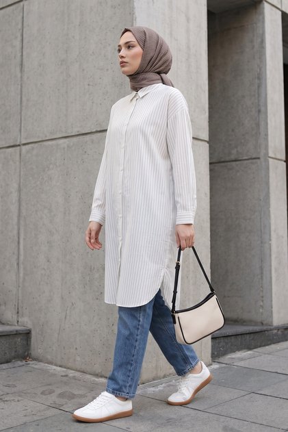 Thin Striped Long Tunic 3131 - Stone White