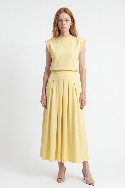 Women's Crew Neck Crop Top and Pleated Skirt Set