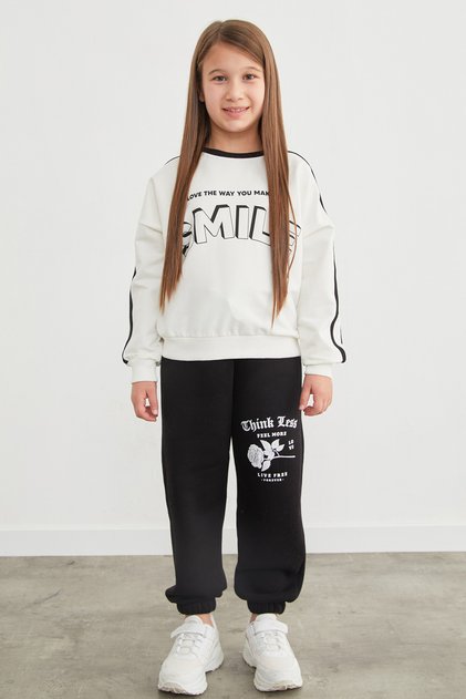 Girls' Sweatpants with Rose and Text Print and Elastic Waist