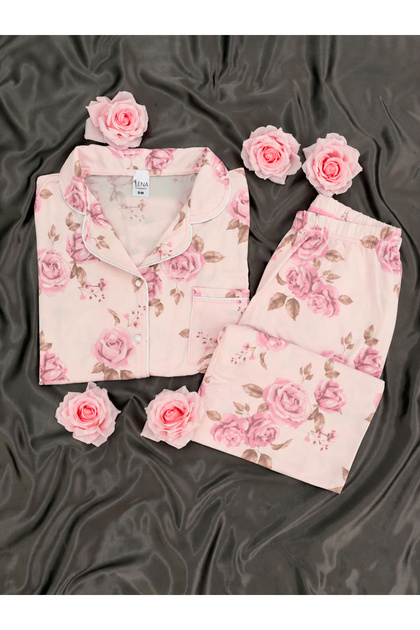 Pink Rose Patterned Powder Milan Long Sleeve Pajama Set