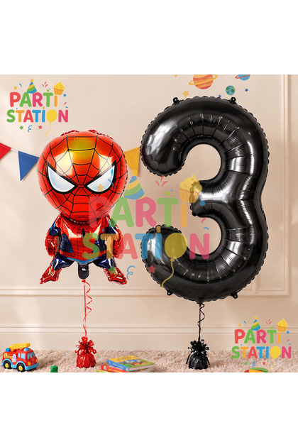 Spiderman 3 Years Old Balloon and Black Number Balloon Birthday Party Set Spiderman Balloon Set