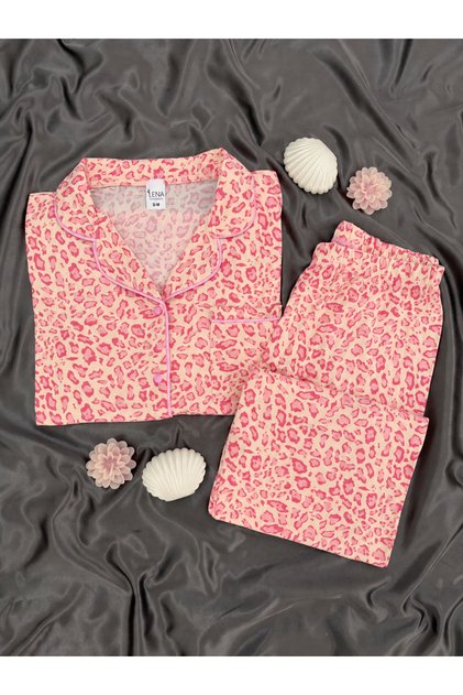 Pembe Leopar Desenli Ekru Milan Uzun Kollu Pijama Takımı