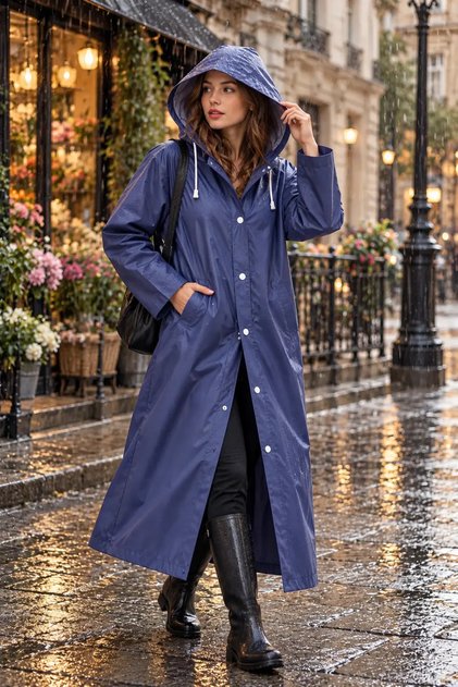 Lacivert Renk Kapüşonlu Unisex Yetişkin Yağmurluk