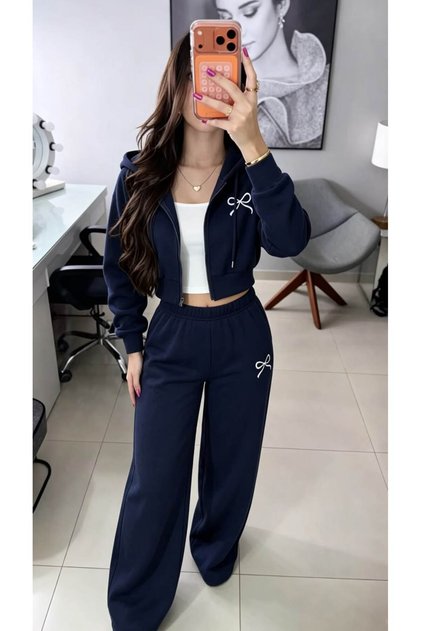 Navy Blue Winter Ribbon Printed Zippered Hooded Crop Top Wide Leg Pants 3-Piece Top-Down Set