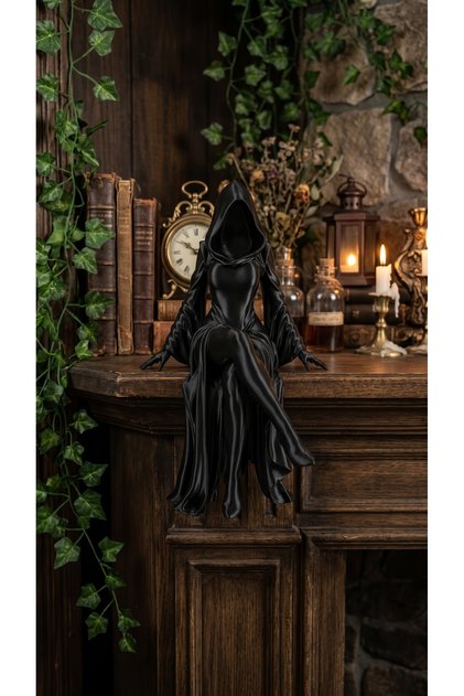 Gotik Kapüşonlu Gizemli Kadın Figürü – 3D Baskı Mistik Raf & Masa Üstü Biblo, 12cm