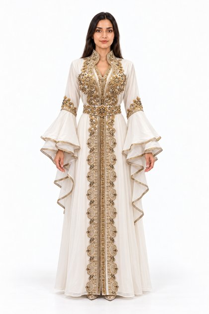 Women's Long Caftan with Hand Embellishments and Shiny Stones Work Butterfly Sleeves