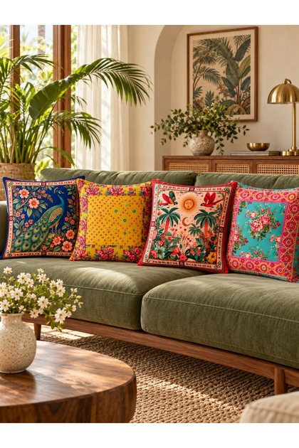 Bohemian Garden Floral and Peacock Patterned Digitally Printed Decorative Velvet Textured Polyester 4-Piece Cushion Cover Set (Dkr)