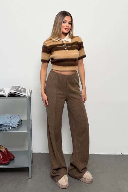 Women's Elastic Waist Çimalı Selanik Wide Leg Pants Brown - Mw0000527