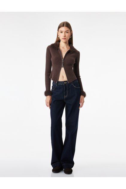 Long Sleeve Faux Fur Zippered Knitwear Cardigan