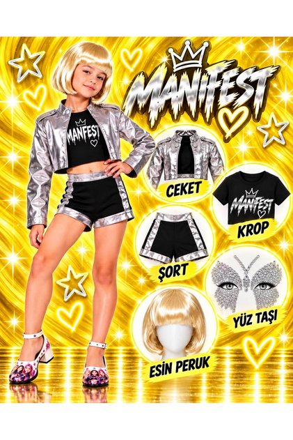 Manifest Esin Costume - Leather Jacket - Shorts - Crop T-Shirt - Esin Yellow Wig + Face Stone Set Birthday Party Wedding Girl's Jacket