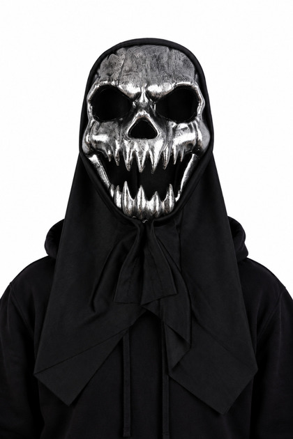 Mască Halloween Craniu Argintiu cu Plasă și Glugă Neagră, pentru Carnaval, Cosplay și Petreceri Tematice