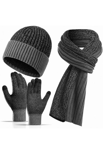 Winter Beanie Hat Scarf Gloves 3Pcs Set for Men Womens Thermal Ski Cap Long Scarves Neck Warmer Touch Screen Mittens Suit Warm Knit