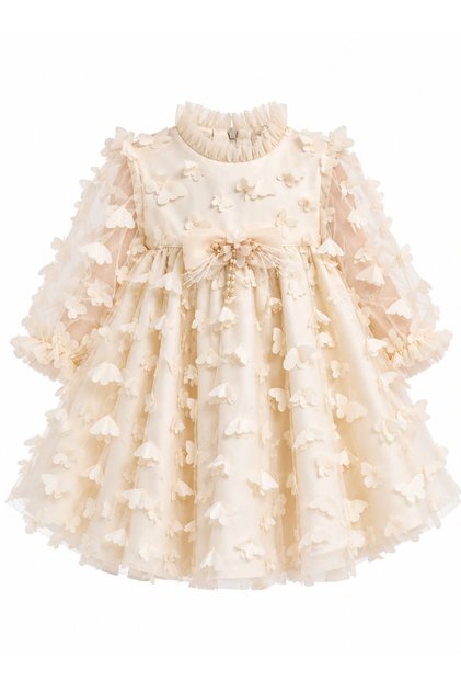 Baby Girl Cream 3D Flower Detailed Tulle Sleeves Bow Decorated Stylish Dress