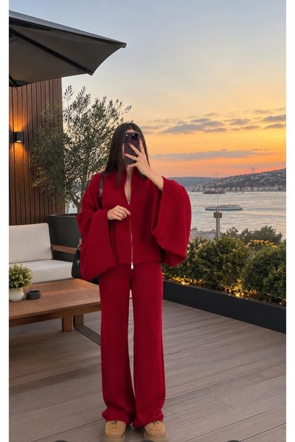 Bat Sleeve Zippered Knitwear Set