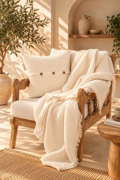 4 Kat Müslin Throw &Kırlent Kılıfı Takımı (130x170 cm + 1 Adet 45x45 cm) – Düğme Detaylı Koltuk Şalı Seti | 4 Renk Seçeneği