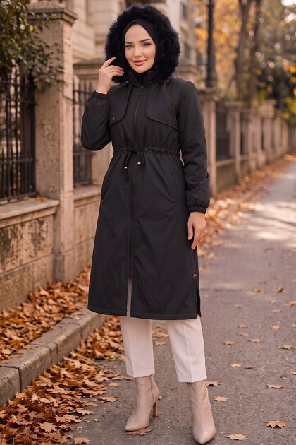 Removable Hooded Allerli Plush Bondit Coat Black Hnt2821