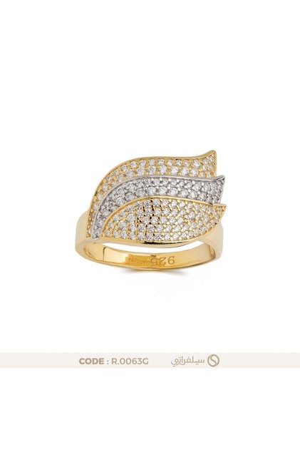 925 Silver Tree Leaf Ring with Diamond Shine Zirconia Rhodium Plated and Gold Water Plating