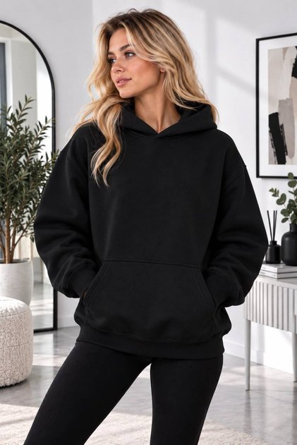 Kadın Düz Sade Kapüşonlu Sweatshirt - Kanguru Cepli Oversize Pamuklu Kışlık Sweat