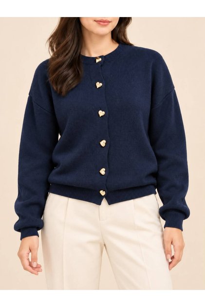 Women's Buttoned Crew Neck Long Sleeve Knitwear Cardigan