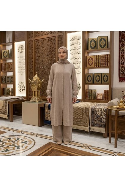 Beige Muslin Fabric Front Hidden Zipper Hajj and Umrah Double Set