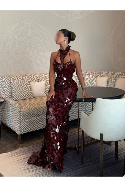 Luxurious Burgundy Evening Dress with Sparkling Beading Halter Neckline and Exquisite Draping