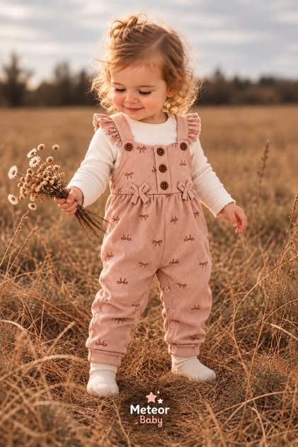 Baby Girl Set with Badili Bow Pattern, Suspender Salopet and Socks, 3-Piece Seasonal Set