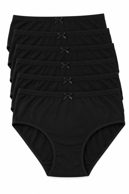 Women's 6-Piece Black 100% Cotton Ribbed Bato Panties with High Bow Detail Underwear